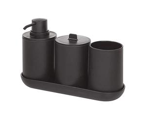 iDesign 28737ES Set de baño, Compuesto por dispensador de jabón, Porta cepillo de dientes, Algodonero y bandeja de plástico, Accesorios de baño para el lavabo, Negro, 24.5 x 8.9 x 16.2 cm, Juego de 4