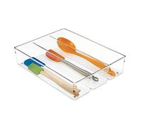 iDesign Cubertero para dividir cajones, organizador de cajones grande de plástico con 3 compartimentos, separador de cajones para cubiertos y utensilios largos, transparente