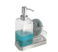 iDesign Dispensador de jabón con bandeja y dos compartimentos, organizador de cocina de plástico y acero inoxidable, dosificador manual de 473 ml con estropajo incluido, plateado