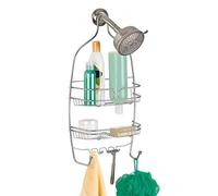 iDesign Neo Estantes para ducha, estantería colgante de metal con dos cestas para champú y gel y ganchos para manoplas y maquinillas, plateado