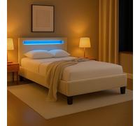 IDIMEX LASHIO - Cama tapizada con iluminación LED en cabecero de 120 x 200 cm, color crema - Moderna cama con funda de tela de terciopelo