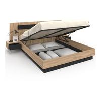 IDMarket - Cama doble con cabecera + mesitas de noche integradas y somier de 160 x 200 cm, madera y negro