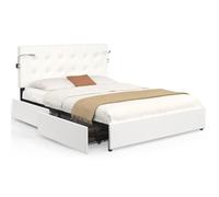 IDMarket - Cama doble MAEL 140x190 cm con cabecera de cama tapizada PVC blanco y lectores integrados y somier y 2 cajones con ruedas