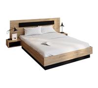 IDMarket - Cama doble Santa con cabecera + mesitas de noche integradas y somier de 140 x 190 cm, madera y negro