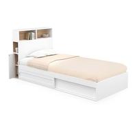 IDMarket - Cama individual Clem con almacenamiento, cabecero y somier de 90 x 190 cm, color blanco y haya