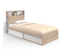 IDMarket - Cama individual CLEM con contenedor, cabecero y base 90 x 190 cm haya y blanco