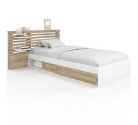 IDMarket - Cama individual Savana con cabecera, mesita de noche, almacenamiento y somier de 90 x 190 cm, color haya y blanco