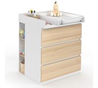 IDMarket - Cómoda Cambiador Evolutiva Ámbar estilo haya y Blanco de 3 cajones con Mesa Cambiador y 2 estantes extraíbles