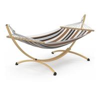 IDMarket - Hamaca XL con soporte de metal, efecto madera y tela rayada negra, blanca y chocolate