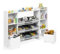IDMarket Mana - Mueble de almacenamiento infantil 7 estantes, 9 bandejas de tela y 2 cubos con ruedas, color blanco