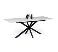 IDMarket - Mesa de comedor extensible rectangular Alix 6-10 personas, pie araña negro, bandeja efecto mármol blanco Alaska 160-200 cm