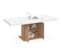 IDMarket - Mesa de comedor extensible rectangular Julieta 6-10 personas bandeja efecto mármol listones madera con almacenamiento 160-200 cm