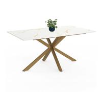 IDMarket - Mesa de comedor rectangular Alix para 8 personas con pata araña de latón y tablero efecto mármol dorado Alaska 160 cm