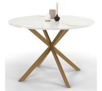 IDMarket - Mesa de comedor redonda Alix 6 personas con pie araña latón y bandeja efecto mármol dorado Alaska 110 cm