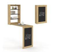 IDMarket - Mesa plegable de pared MACCHIA con estantes y pizarra para 2 personas, madera y negro