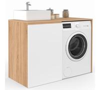 IDMarket - Mueble lavadora o secadora de ropa con armario TOMI, mueble lavabo de madera de haya y blanco