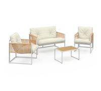 IDMarket - Muebles de Jardín Rio de Nivel Bajo 4 Plazas, Estructura de Metal Blanco, Cuerda de Efecto Ratán Claro y Cojines Beiges