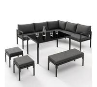 IDMarket - Nayla Juego de comedor esquinero de metal de 8 plazas con cojines grises, mesa de comedor, sofá esquinero, banco y taburetes