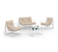 IDMarket - Salón de jardín bajo Nairobi 4 plazas de acero blanco y cojines beige
