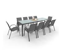 IDMarket - Salón de jardín Madrid Mesa 240 cm y 10 sillas apilables gris antracita bandeja clara