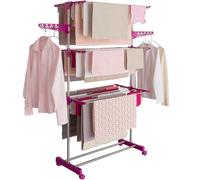 IDMarket - Secador de ropa vertical plegable 3 niveles de capacidad máxima 20 m, acero inoxidable y rosa