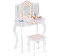 IDMarket - Tocador infantil Roza LED blanco y rosa con 3 espejos y taburete