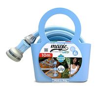 Idroeasy, manguera de jardín extensible de 10 metros, diámetro 5/8", manguera de riego extensible x3, anti-nudos y anti-torsión, no tóxica, diseño azul pastel suave, manguera de jardín, Made In Italy