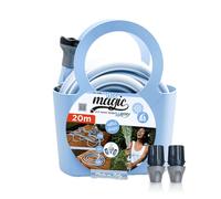 Idroeasy, manguera de jardín extensible de 20 metros, 5/8" de diámetro, manguera de riego extensible de 3 vías, resistente a nudos y torsiones, no tóxica, diseño azul pastel suave, Made In Italy
