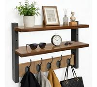 IDUNSEED Perchero de Pared con 2 Estante 5 Ganchos, Colgador Pared Madera para Pasillo, Dormitorio, Sala de Estar, Barra Perchero Pared para Guardar Abrigos, Sombreros, Llaves y Adornos