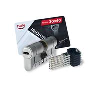 IFAM Cilindro Puertas Iridium, 30x40mm, Leva 15mm, Bombin Cerradura Seguridad, 5 Llaves, Doble Protección Antirotura, Antitaladro y Antiganzúa, Doble Sistema Antibumping, Perfil Europeo, Color Níquel