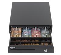 Iggual - Cajón Portamonedas IRON-15, Caja Efectivo Registradora Manual o Automática RJ11(12V), Compartimento x4 Billetes y x8 Monedas, Cerradura 3 Posiciones Bloqueo, 37x33,5x8 cm, Carcasa Acero Negro