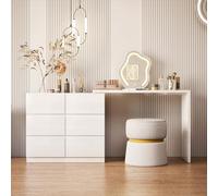 IGTOPS Tocador con espejo e iluminación LED, cómoda Vanity Desk con 6 cajones, lado a lado o en forma de L, esquina vanidad, cambio de forma de L, luz ajustable, blanco nieve