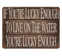 IINKUEYK Lucky to Live Near Water Metal Sign Rustic Lake Decor for Bedroom Living Room Farmhouse Wall Hanging Coastal Inspired Tin Art 8 X 12 inch