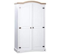 IKAYAA Armario Dormitorio con 2 Puertas, Armario de Pino Mexicano Estilo Corona Armario Ropero Armarios Juvenil 101 x 52 x 170 cm Cuerpo Blanco y Parte Superior marrón