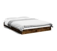 IKAYAA Cama 140 x 200 cm Madera, Base Tapizada, Cama Doble, Base para Polchón, Cama Somier de Listones de Madera, Cama Juvenil, Roble Ahumado