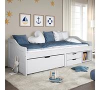 IKAYAA Cama Juvenil con 3 Cajones de Madera Maciza Pino, Cama Infantil 90x200 con Almacenamiento, Cama Individual, Sofá Cama Divan, Acabado Color Blanco