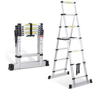 Ikodm 1.7M+2.0M Escalera telescópica 5 + 6 peldaños, escalera plegable con marco en A, carga máxima 150 KG/330 libras, escalera extensible de aluminio para reparaciones en el techo, tamaño plegada 65