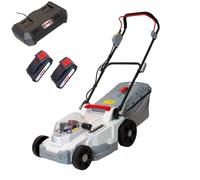 IKRA Cortacésped eléctrico a batería ICM 2/2037 | 2x20V | Ancho de corte de 37 cm | 5 alturas de corte | Depósito de recogida de 40 litros | Incluye kit de mulching, 2 baterías de 2,0 Ah y doble carga