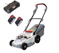 IKRA cortacésped ICM 2/2037, Ancho 37 cm, 2 baterías de 20 V y Cargador | Altura de corte 25-75 mm, cortacésped con mulching para céspedes de 250 m², bolsa 40 l, gama de baterías de 20 V de IKRA