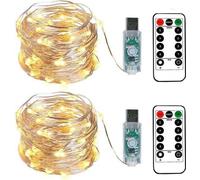 Iluminación navideña de 100 LED, 10 metros de cable plateado, con conexión USB, regulable en intensidad, 8 programas, temporizador y luz blanca cálida