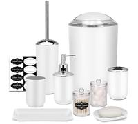 IMAVO Juego de Accesorios de baño - Juego de 8 Accesorios de baño Blancos con Cubo de Basura, dispensador de jabón, jabonera, Soporte para Cepillo de Dientes, Vaso para Cepillo de Dientes, Soporte