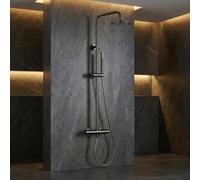 IMEX - Columna Ducha Negra Monomando con Grifo | Conjunto de Ducha con Alcachofa y Rociador Antical | Griferia en Latón y Acero Inox S.304 con Barra Extensible | Serie Monza