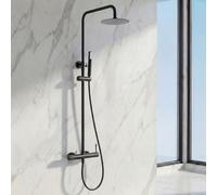 IMEX - Columna Ducha Negra Monomando con Grifo | Conjunto de Ducha con Alcachofa y Rociador Antical | Griferia en Latón y Acero Inox S.304 con Barra Extensible | Serie Line