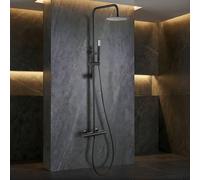 IMEX - Columna Ducha Negra Termostatica con Grifo | Conjunto de Ducha con Alcachofa y Rociador Antical Efecto Lluvia | Griferia en Latón y Acero Inox S.304 con Barra Extensible | Serie Génova
