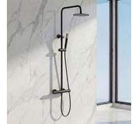 IMEX - Columna Ducha Negra Termostatica con Grifo | Conjunto de Ducha con Alcachofa y Rociador Antical Efecto Lluvia | Griferia en Latón y Acero Inox S.304 con Barra Extensible | Serie Line