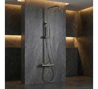 IMEX - Columna Ducha Negra Termostatica con Grifo | Conjunto de Ducha con Alcachofa y Rociador Antical Efecto Lluvia | Griferia en Latón y Acero Inox S.304 con Barra Extensible | Serie Monza