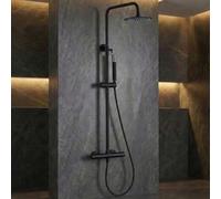 IMEX - Columna Ducha Negra Termostatica con Grifo | Conjunto de Ducha con Alcachofa y Rociador Antical Efecto Lluvia | Griferia en Latón y Acero Inox S.304 con Barra Extensible | Serie Monza