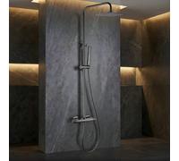 IMEX - Columna Ducha Negra Termostatica con Grifo | Conjunto de Ducha con Alcachofa y Rociador Antical Efecto Lluvia | Griferia en Latón y Acero Inox S.304 con Barra Extensible | Serie Firenze