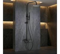 IMEX - Columna Ducha Negra Termostatica con Grifo | Conjunto de Ducha con Alcachofa y Rociador Antical Efecto Lluvia | Griferia en Latón y Acero Inox S.304 con Barra Extensible | Serie Nápoles