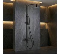 IMEX - Columna Ducha Negra Termostatica con Grifo | Conjunto de Ducha con Alcachofa y Rociador Antical Efecto Lluvia | Griferia en Latón y Acero Inox S.304 con Barra Extensible | Serie Toscana